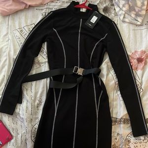 FN black long sleeve mini dress with belt